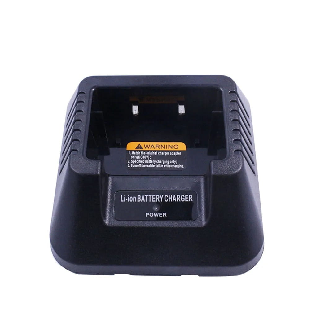 baofeng uv-5r 用のブラックのプラスチック製 usb バッテリ充電器。警告ラベルおよび電源ボタンを備え、uv5r 電池用に設計されています。