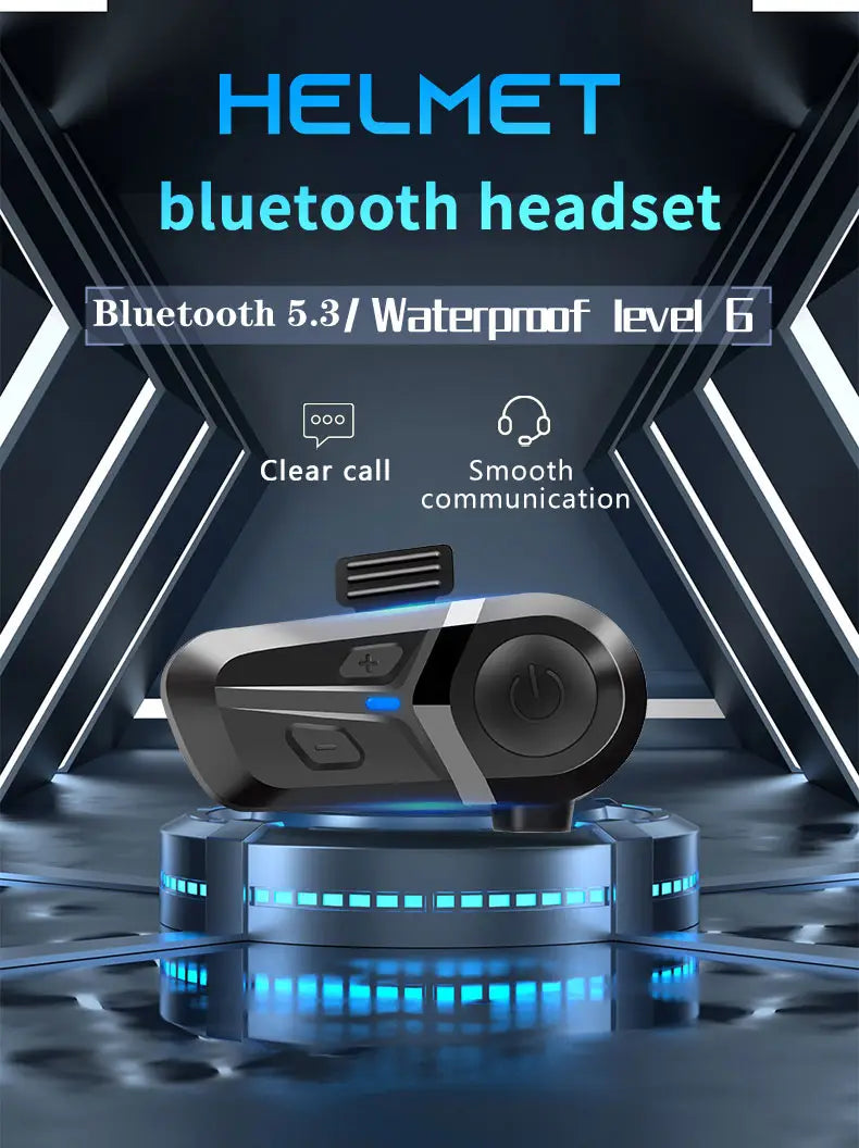 Black and silver bluetooth motorcycle helmet headset with sleek design and blue led accents featuring waterproof music player functionality.