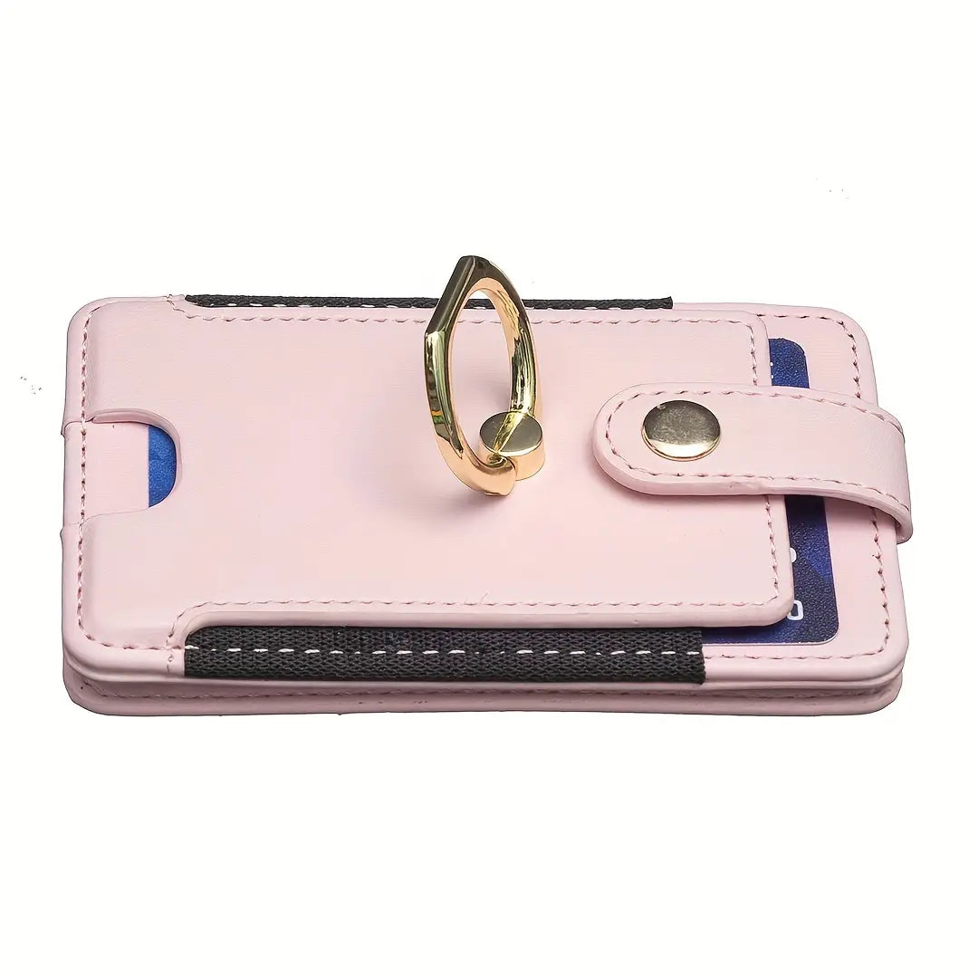 pink leather phone wallet featuring a gold universal ring small holder and black mesh card slots shown from the front as a ring small card holder for smartphones
