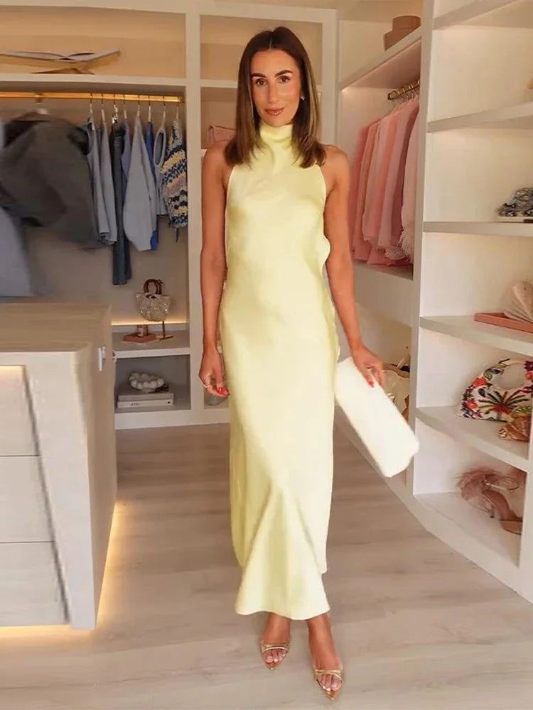 Women's Evening Party Long Dress Summer Female Elegant Satin Backless Halter Dress Lady Pleated Sleeveless Yellow Dresses Robes