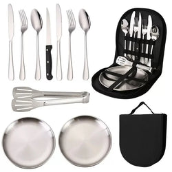 Camping and Travel Dining Set for Two with Plate and Cutlery Including Fork, Knife, and Spoon