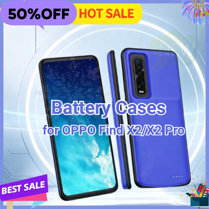 耐久性のある素材とケース機能によりバッテリー寿命を延長することを示した、OPPO Find X2 Pro スマートフォン用のブルーのバッテリーカバー・パワーバンクケース(背面表示)