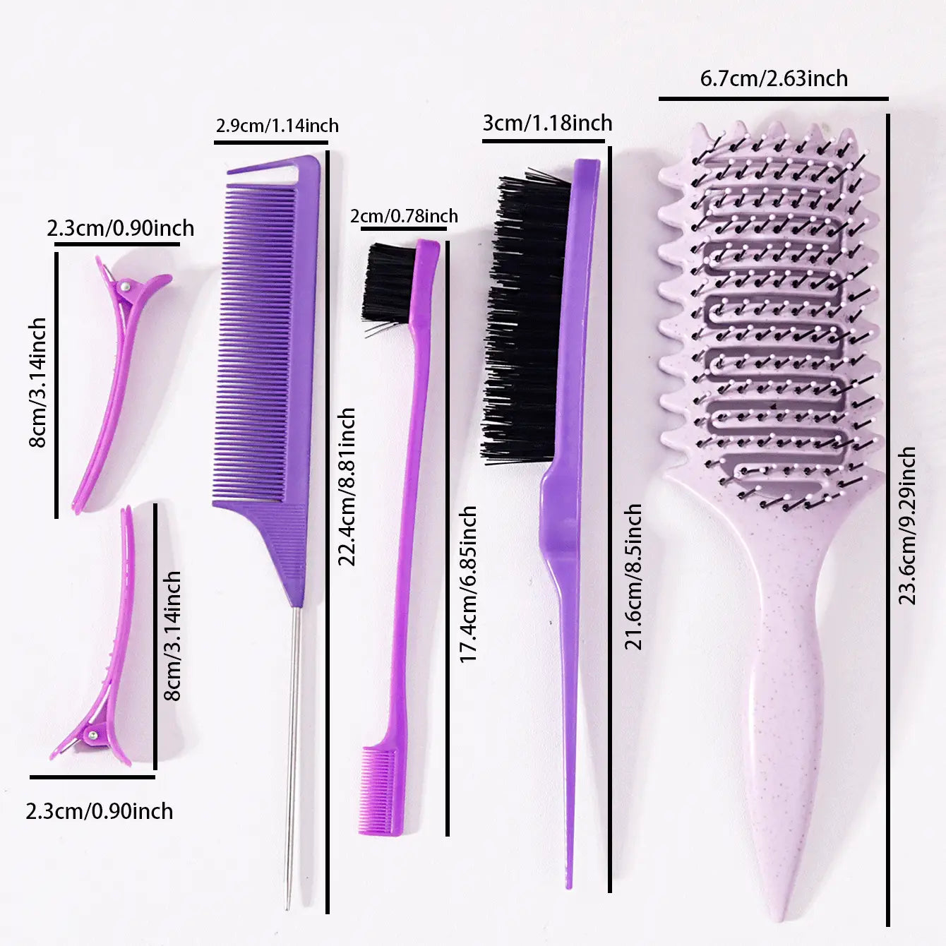 Conjunto de cepillos de peinado y desenredado de plástico morado de 6 piezas con peine, cepillo, herramienta para desenredar y pinzas.