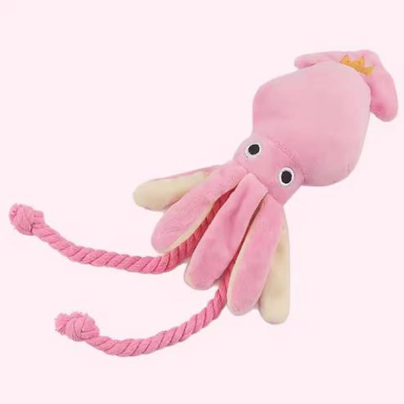 pink plush octopus chew toy made of soft fabric featuring a crown and rope tail designed as a sound plush dog chew toy
