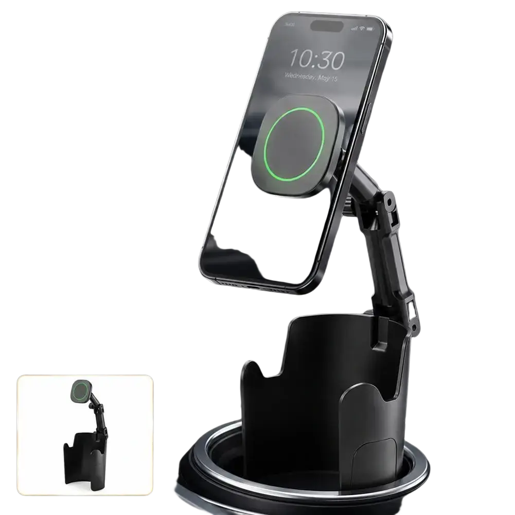 Black magnetic car phone mount with strong magnet and 360-degree adjustable arm fits cup holder for eye level use