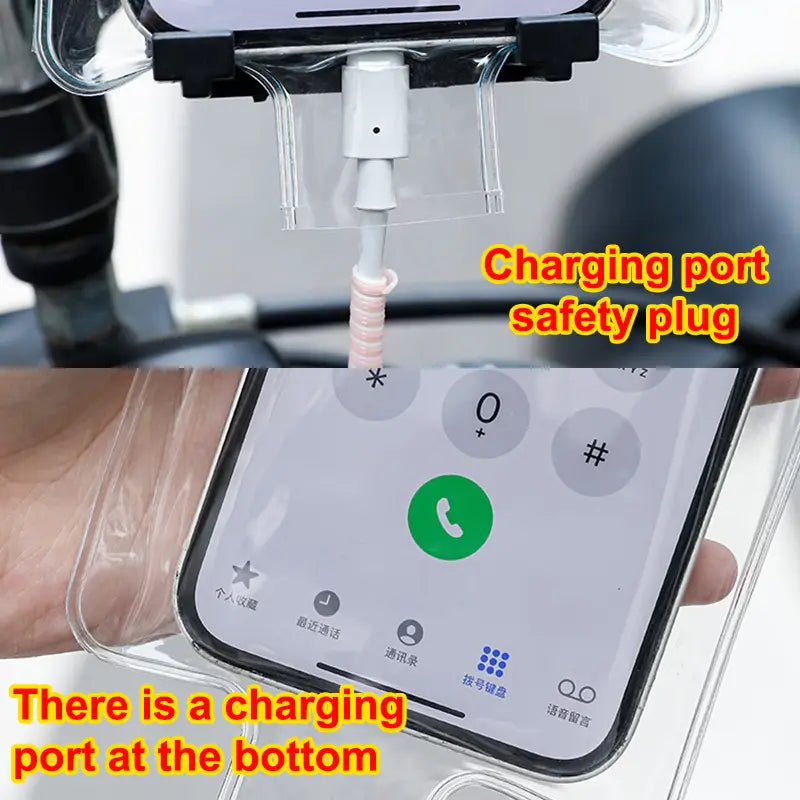 防水性の自転車用スマートフォンポーチ（5個入り）の背面側の一部として示された、下部に取り付けられた白色の充電ポート用安全プラグ付きの透明で透明度の高い電話ケース