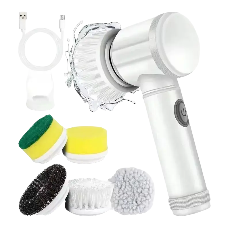 White usb-powered electric spin scrubber with five interchangeable brush heads for versatile electric cleaning brush use