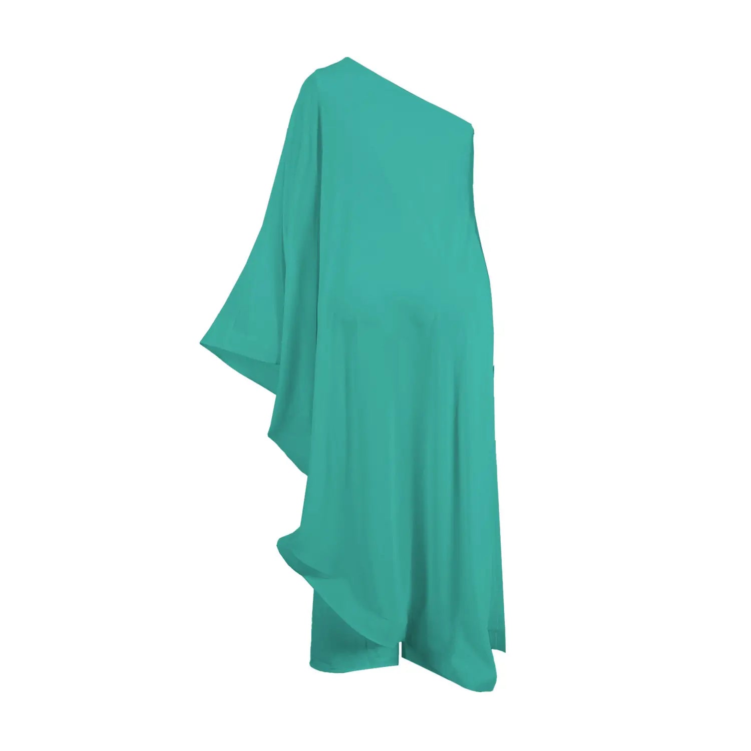 Ein fließender Jumpsuit in Tealgrün mit einer Schulter und drapiertem asymmetrischem Design aus elegantem Chiffon.