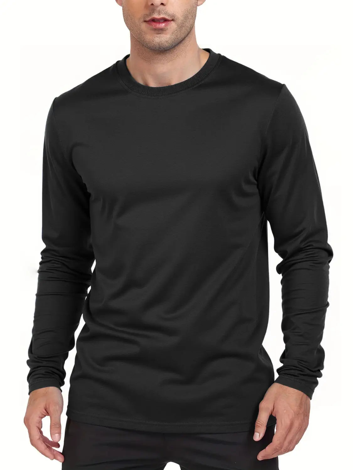 T-shirt à manches longues col rond à évacuation de l’humidité en tissu lisse et léger pour hommes, noir