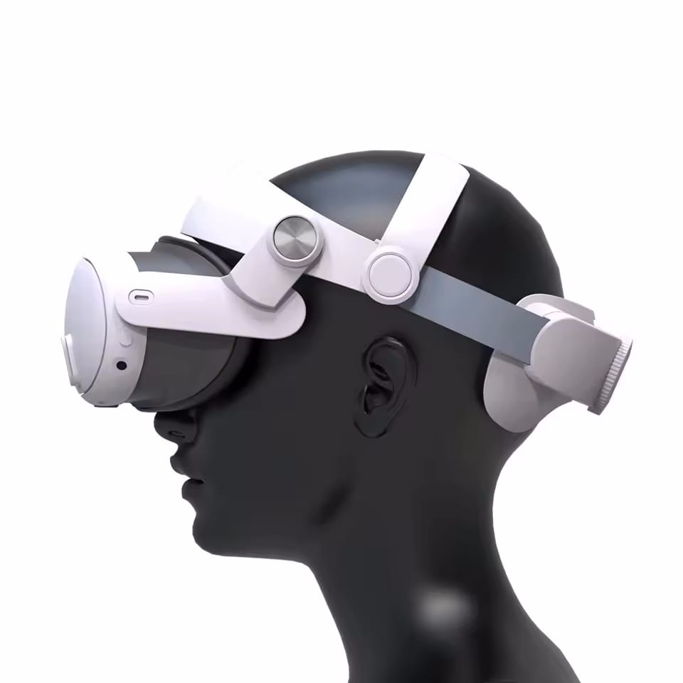 Casque de réalité virtuelle Oculus Quest 2 blanc et gris, avec une sangle de casque noire portée sur une tête de mannequin noire, pour une utilisation avec la réalité virtuelle Meta Quest