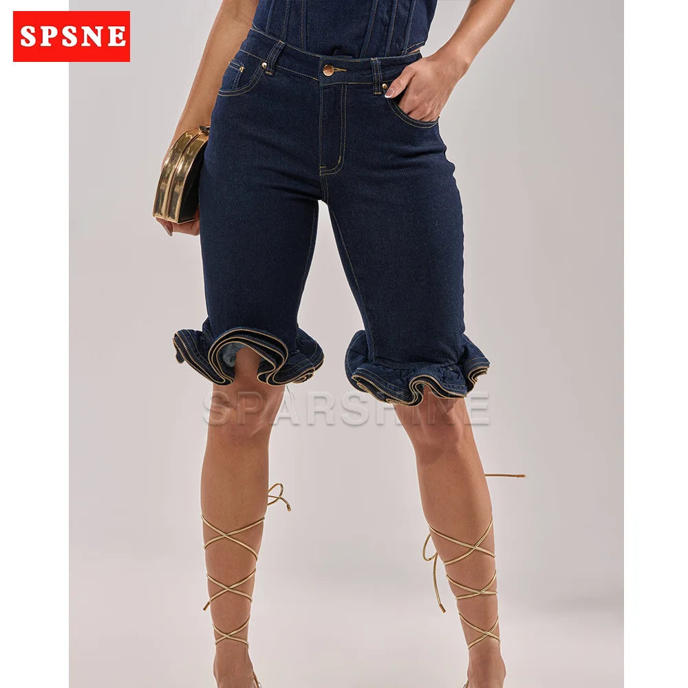 Casual High Waist Denim Shorts Women Fashion Ripped Wave Ruffle Hem Slim Fit Jeans Shorts Streetwear Trendy Slimming Shorts