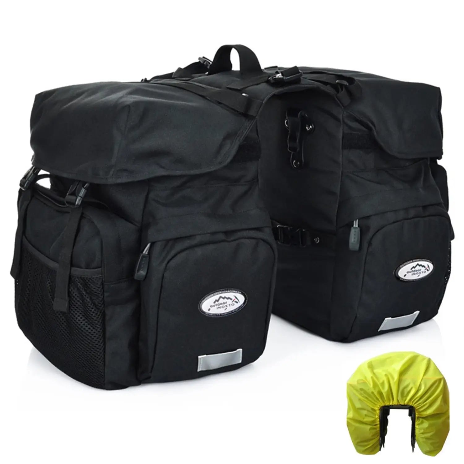 Schwarze Ztz 50l wasserfeste Doppelfahrradtasche mit Mesh-Seitentaschen, reflektierenden Streifen und einem Berglogo-Patch, dargestellt von der Rückseite.