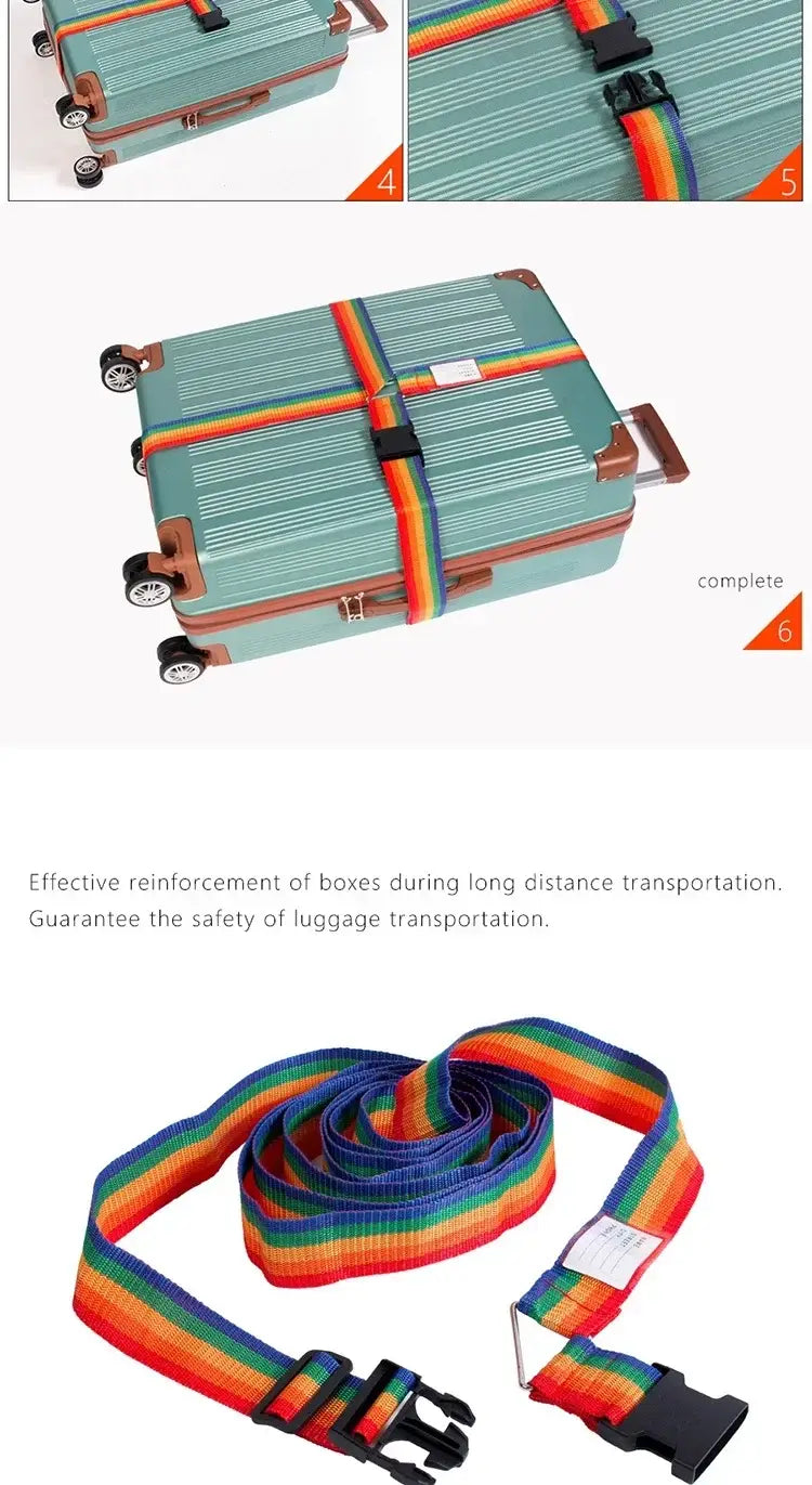 Verstellbarer, strapazierfähiger Nylon-Gepäckriemen mit Regenbogenstreifen und schwarzen Kunststoffschnallen zur Sicherung von Koffern.