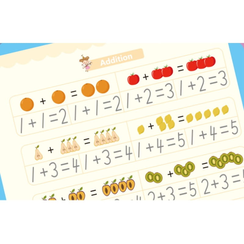 Das Bild zeigt ein Arbeitsblatt zum Lernen von Additionen für Kinder mit farbenfrohen Fruchtillustrationen und einfachen Gleichungen im Zauberübungsheft, das sich wiederverwenden lässt, für Kinder zum Schreiben.