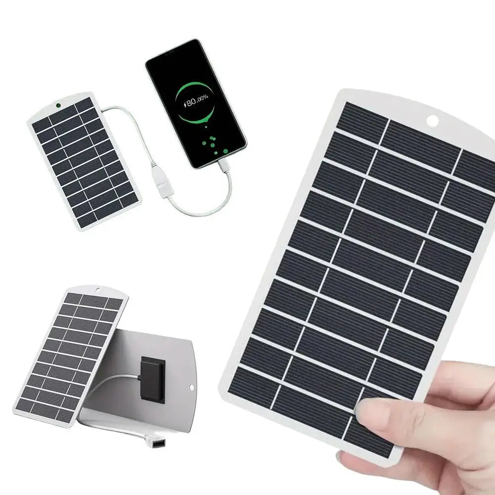 Ein elegantes Solarpanel-Ladegerät mit weißem Rahmen, tragbarem 2w-USB-Solarladegerät für die Nutzung im Freien, mit einem Raster aus schwarzen Photovoltaikzellen und einem USB-Kabel zum Laden von Geräten.