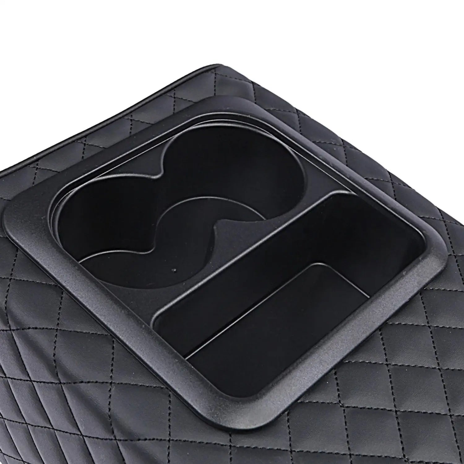 Bandeja negra para organizador de consola de automóvil acolchada, con espuma viscoelástica, que presenta dos portavasos y un compartimento de almacenamiento rectangular