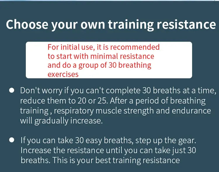 a dark teal instructional guide with white and red text for choosing training resistance on the respiratory trainer lung fitness device