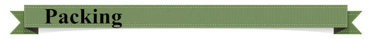 Olive green ribbed fabric banner with stitched edges displaying the word packing in black serif font on a badminton scoreboard stand with wheels.