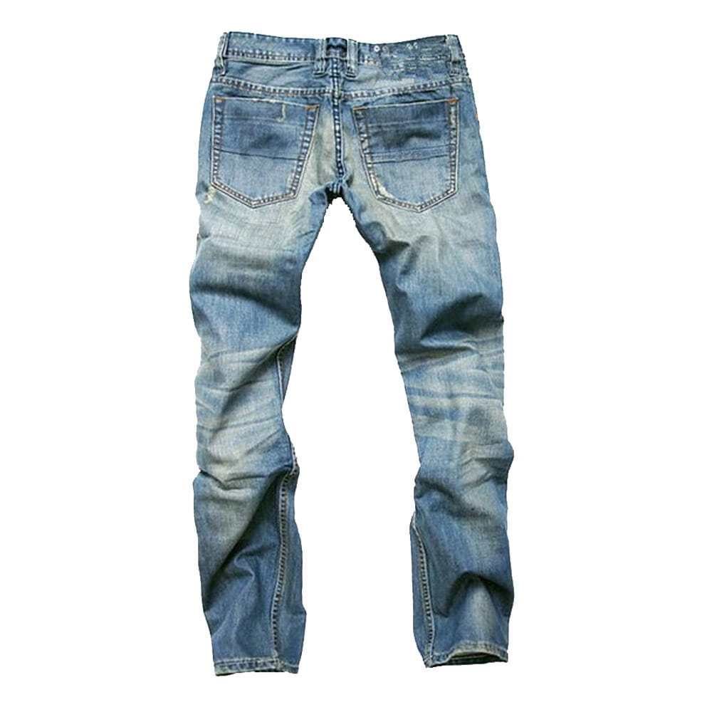 Vue arrière des pantalons en jean cigarette skinny pour homme décontractés, en bleu délavé, avec un aspect vieilli et dégradé, ainsi que des poches arrière classiques.