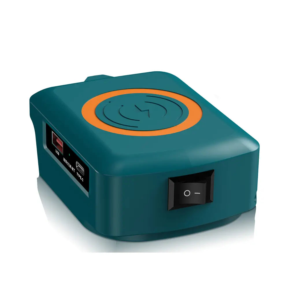 teal-colored wireless charging pad with an orange circular accent and a black power switch is a battery wireless charging adapter compatible with Makita Dewalt Milwaukee tools