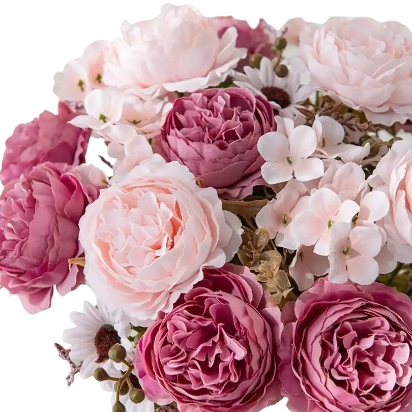 A lush bouquet of artificial silk Persian peonies and hydrangeas in pink mauve and white for home decoration