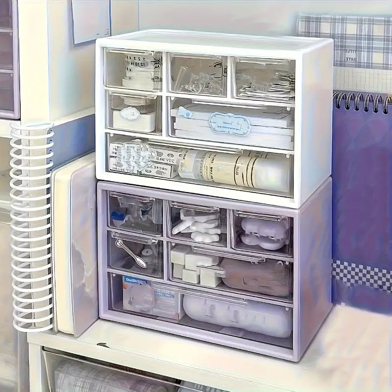 Organisateur de bureau en plastique blanc avec tiroirs transparents, comprenant un organisateur de tiroirs en plastique blanc et lavande avec panneaux avant transparents.