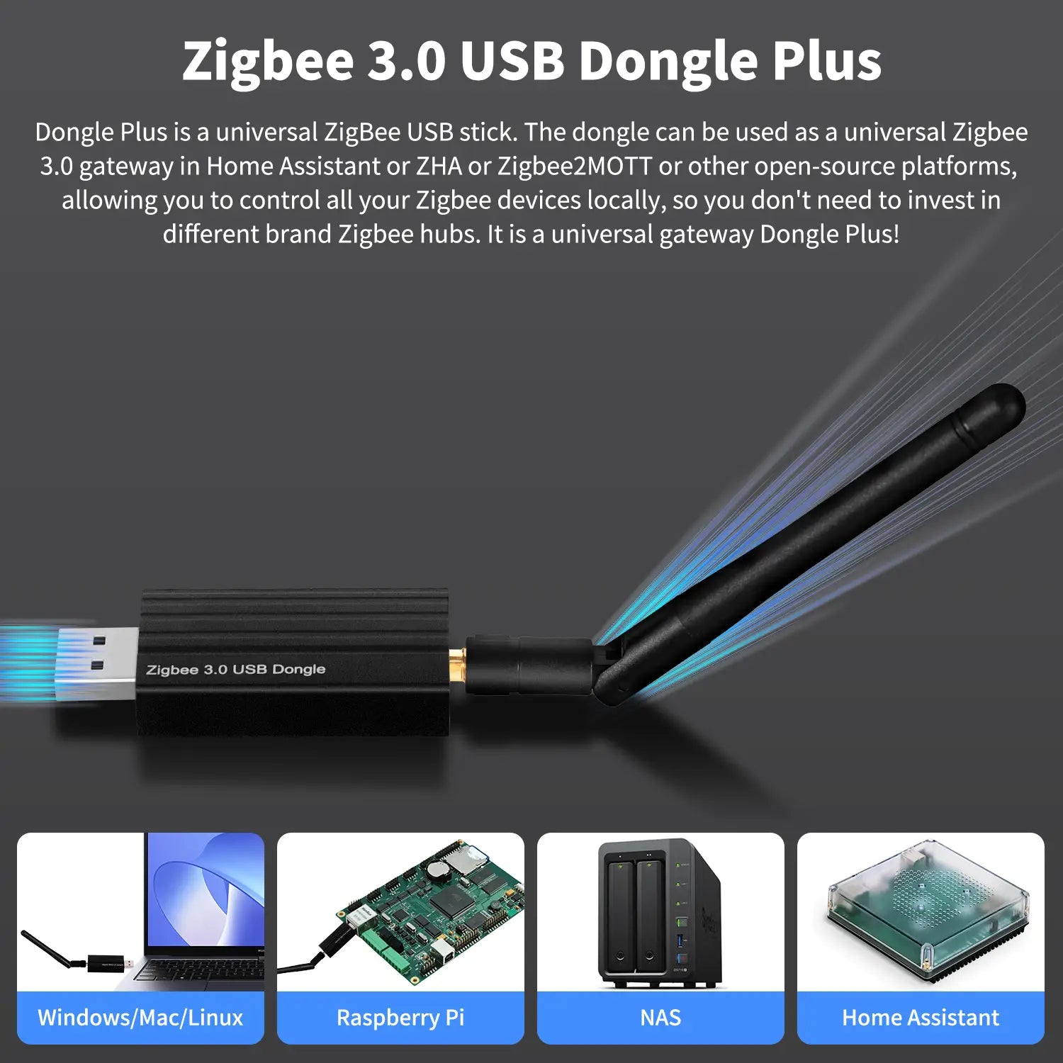 Schwarzer USB-Dongle plus Zigbee 3.0 mit elegantem rechteckigem Gehäuse und externer Antenne, die blaue Lichteffekte für die Verwendung mit Home Assistant aussendet.