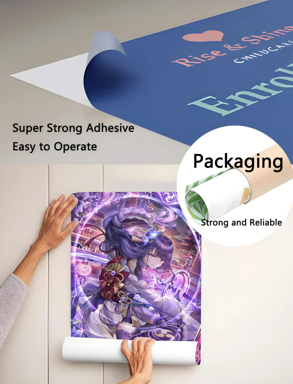 Minimalist aesthetics canvas art for living room featuring a vibrant purple and white modern graphic anime-style mural with a character with long dark hair in ornate clothing.