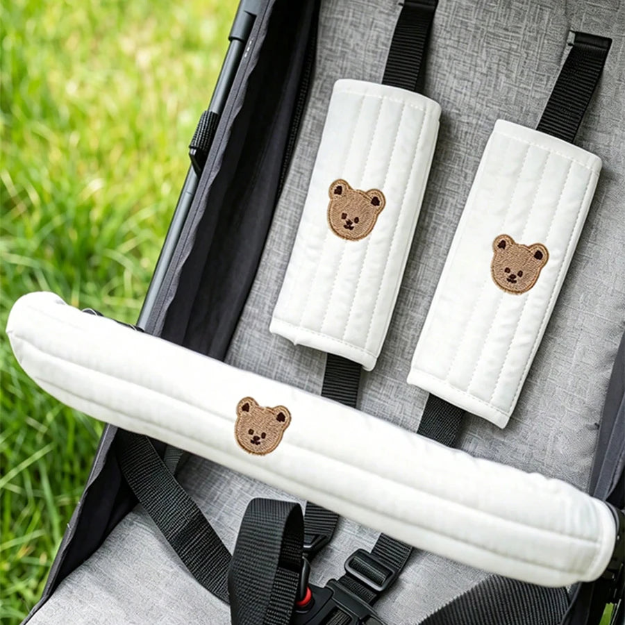 3-piece set of baby stroller accessories - soft stroller handle cover and seat shoulder strap cover, with three-dimensional embroidered patterns, non-slip shoulder pad suitable for baby strollers, making baby's outings more c