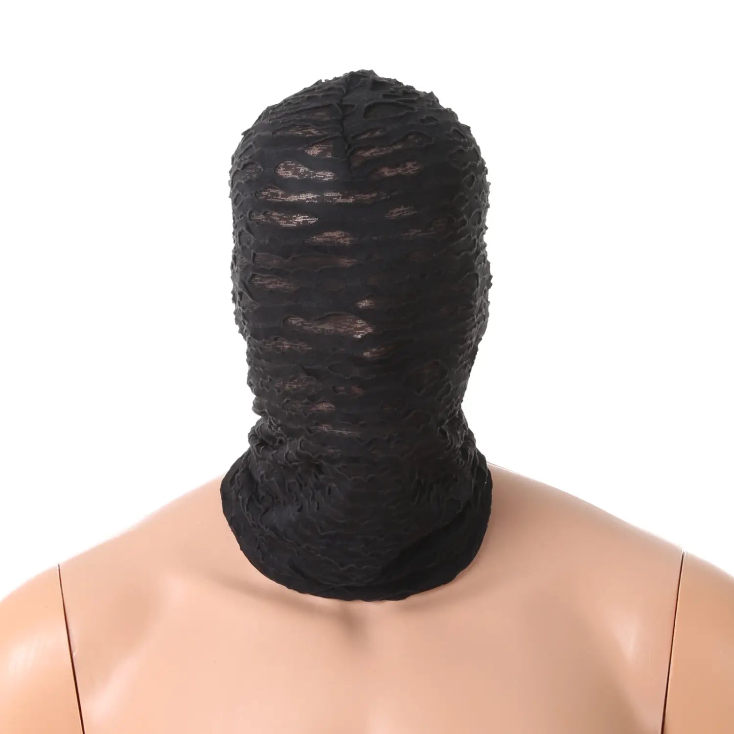 capuche en résille noire déchirée en dentelle noire avec un masque de momie, recouvrant la tête et le cou grâce à un motif texturé complexe, pour un cosplay d’Halloween