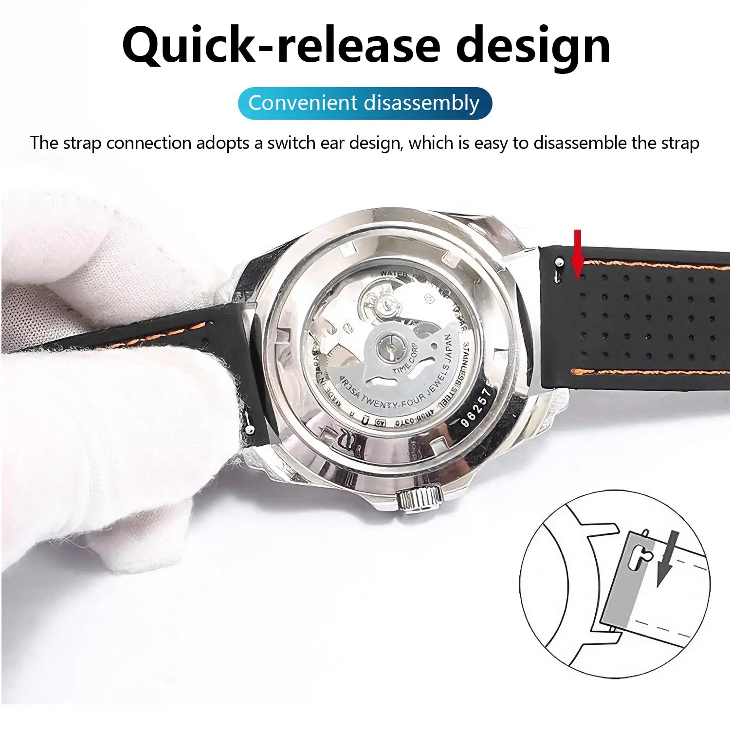 Schwarzes Gummi-Silikon-Uhrenarmband mit beiger Steppnaht und Schnellverschluss-Ohr-Design, erhältlich in 20 mm, 22 mm, 24 mm Größen