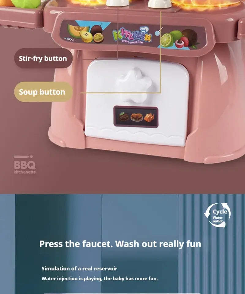 Rosa Kunststoff-Kinderküchenspielset mit weißen Tasten und einem funktionslosen Wasserhahn mit Licht- und Soundeffekten für interaktives Spiel.
