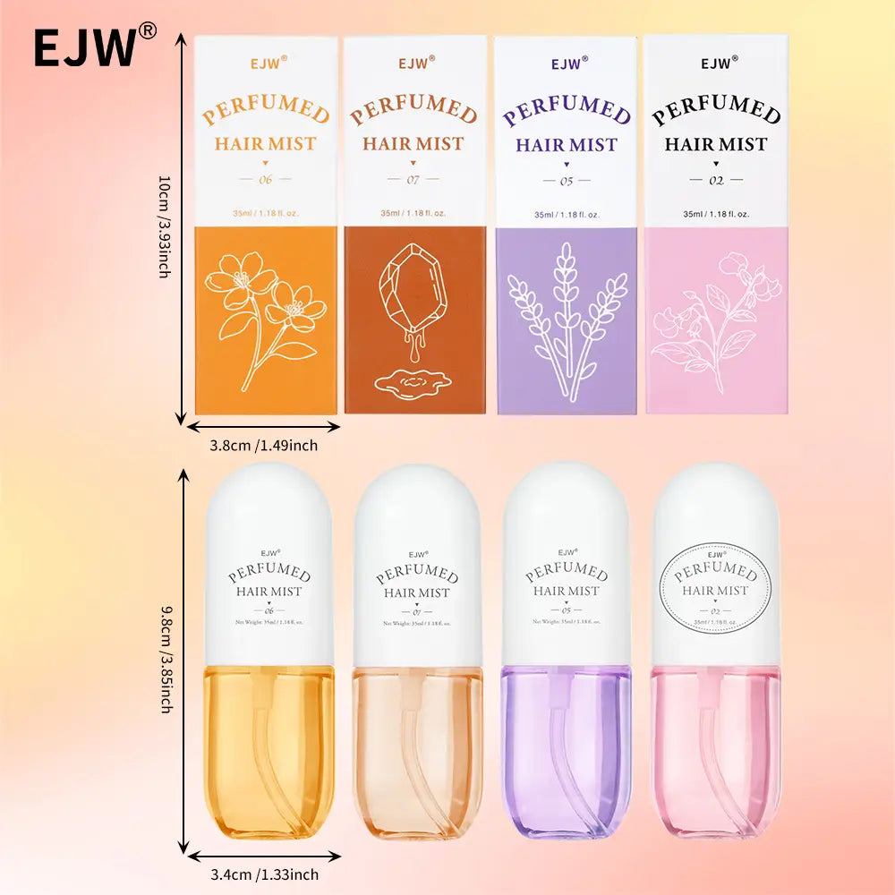 four ejw perfumed hair mists in sleek white and colored glass bottles with distinct floral and botanical designs on the labels for fragrant hair care and essential oil spray use