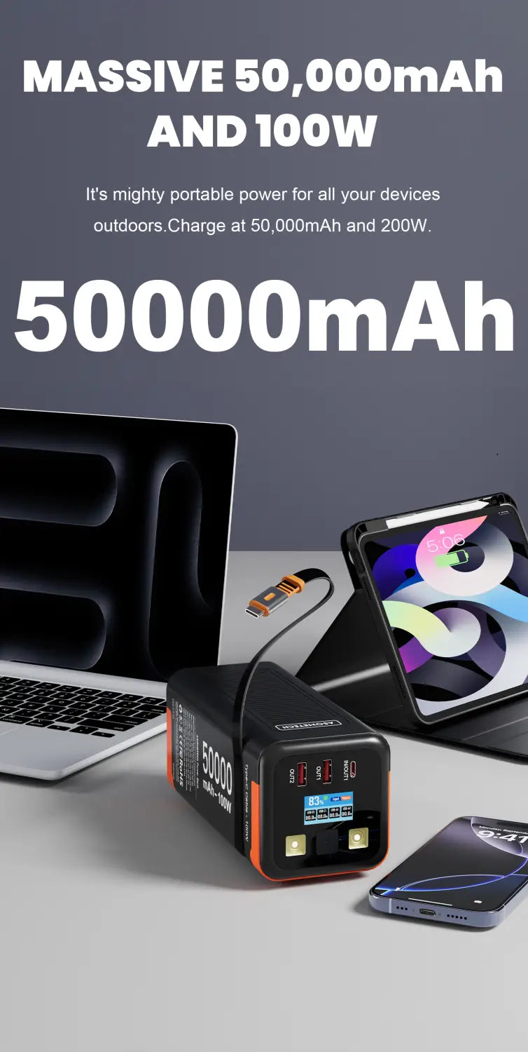 Power bank Asometech 50000 mAh, 100 W, à charge rapide, en noir et orange, conception portable, avec grande capacité et sortie rapide.