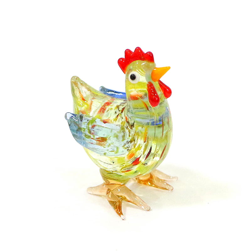 A translucent multicolored glass rooster miniature figurine with a red comb and wattle yellow beak black eye blue wing accents and amber feet, designed as an Easter ornament.