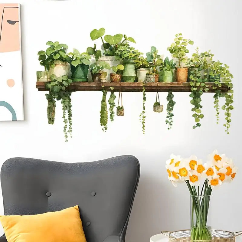 Wooden shelf with a rustic finish holding an assortment of green potted plants in various ceramic and wooden pots featured in a watercolor plant shelf wall decal.