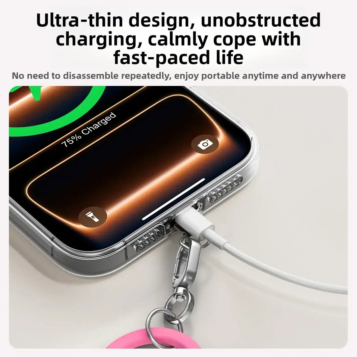 A sleek ultra-thin white phone wrist strap with a metallic carabiner clip and pink silicone heart loop for ins phone