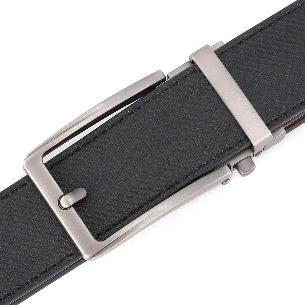 Black textured leather mens belt featuring a sleek silver-toned automatic buckle.