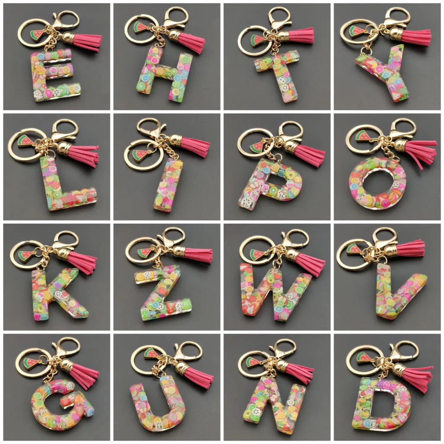 Colorful resin letter keychains featuring playful fruit-patterned designs and pink tassels for initial alphabet key rings.