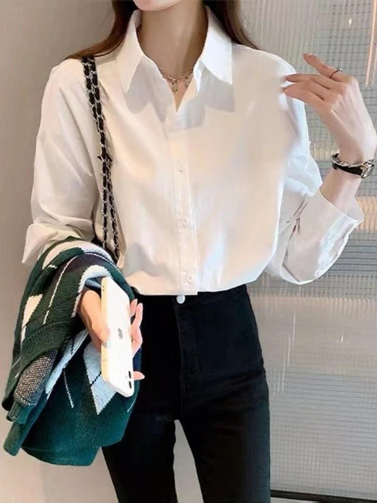 Women's White Long Sleeve Basic Shirt Versatile Vintage Uniform Blouse Casual Office Workwear Inner Wear