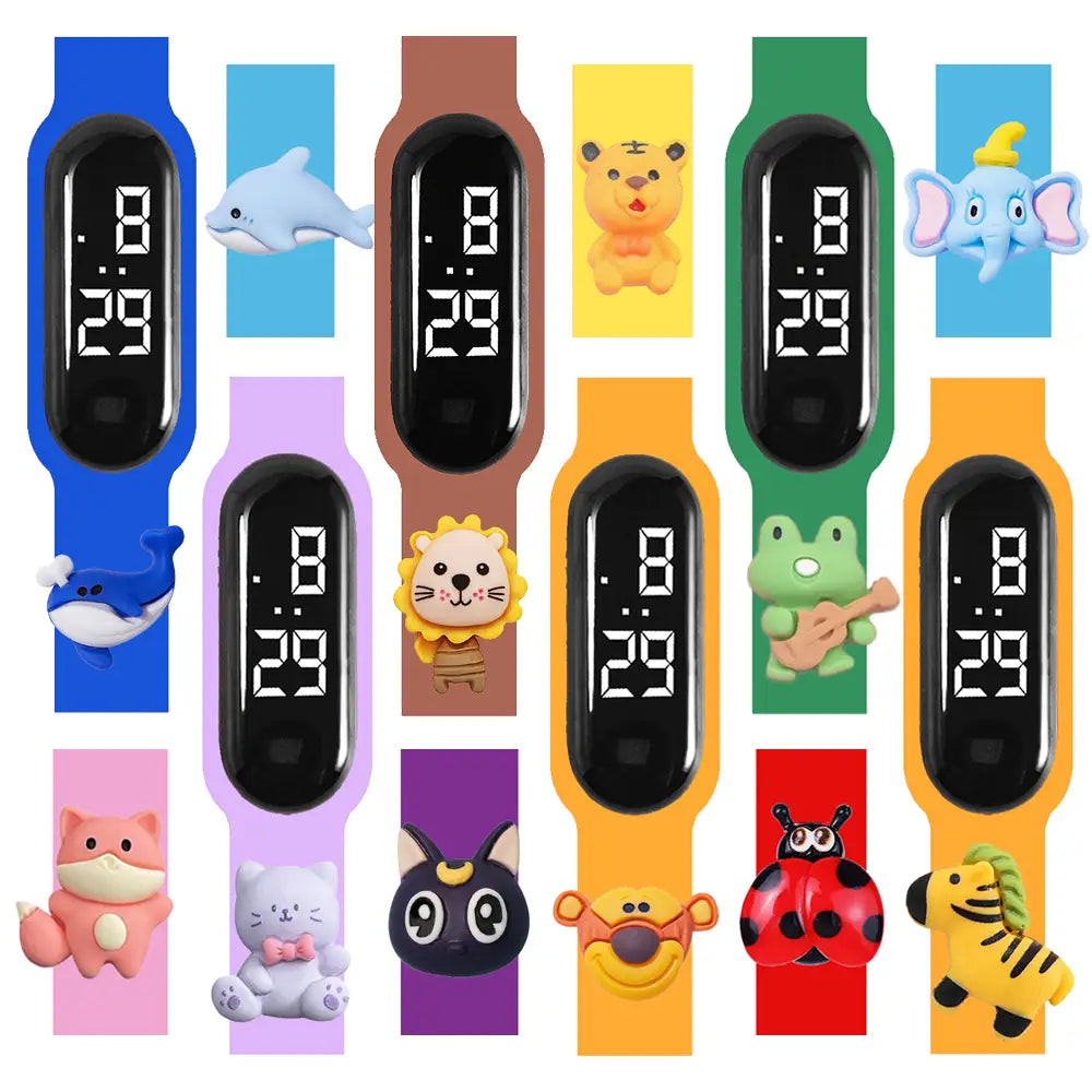 Colorful silicone kids LED digital sports watches with waterproof features and cute animal charms on the wristbands.