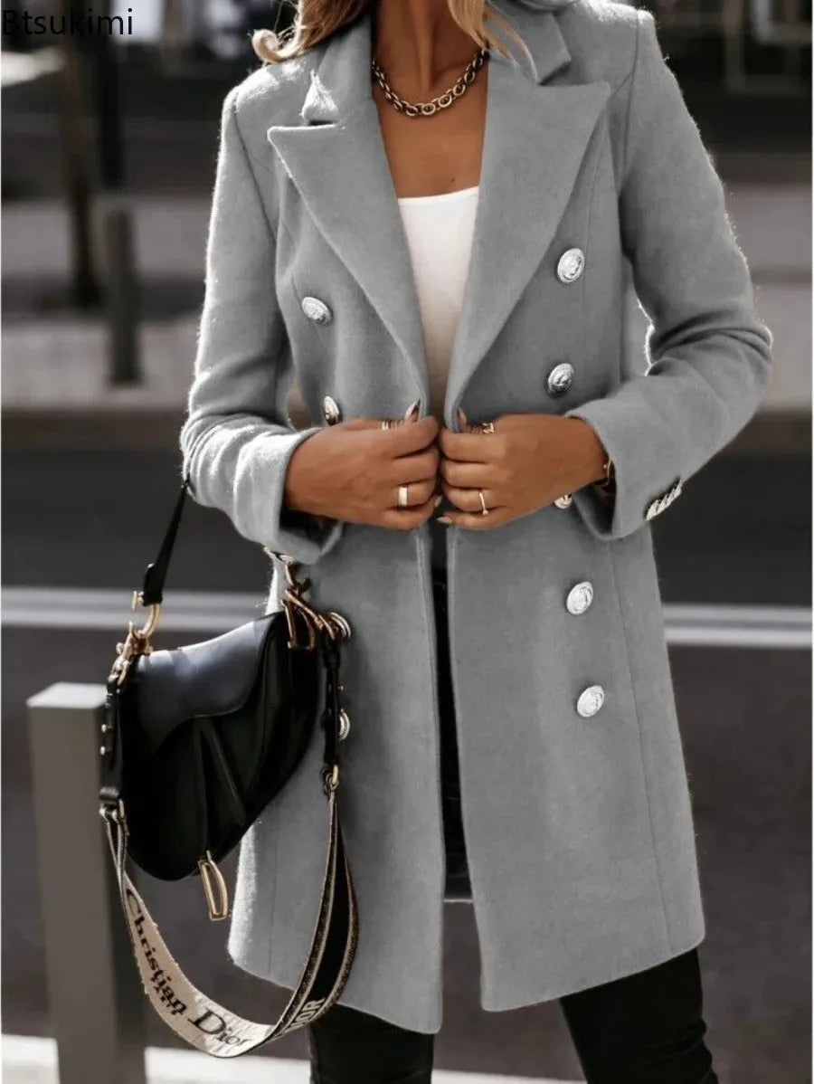 New Women's Autumn Winter Wear Coat Long-sleeved Suit Collar Double-breasted Slim Long Jackets Solid Fashion Wool & Blends Coats