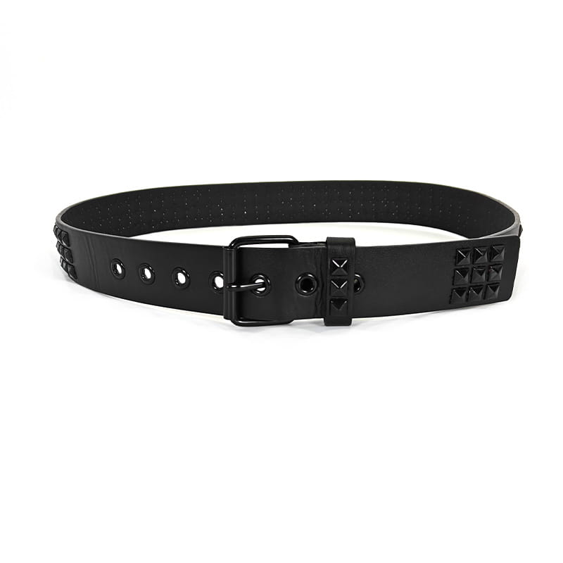 Cinturón de estilo y2k con cuero negro adornado con pedrería y tachuelas, con correa de cuero negro de acabado mate y herrajes metálicos, ideal para looks góticos y2k.