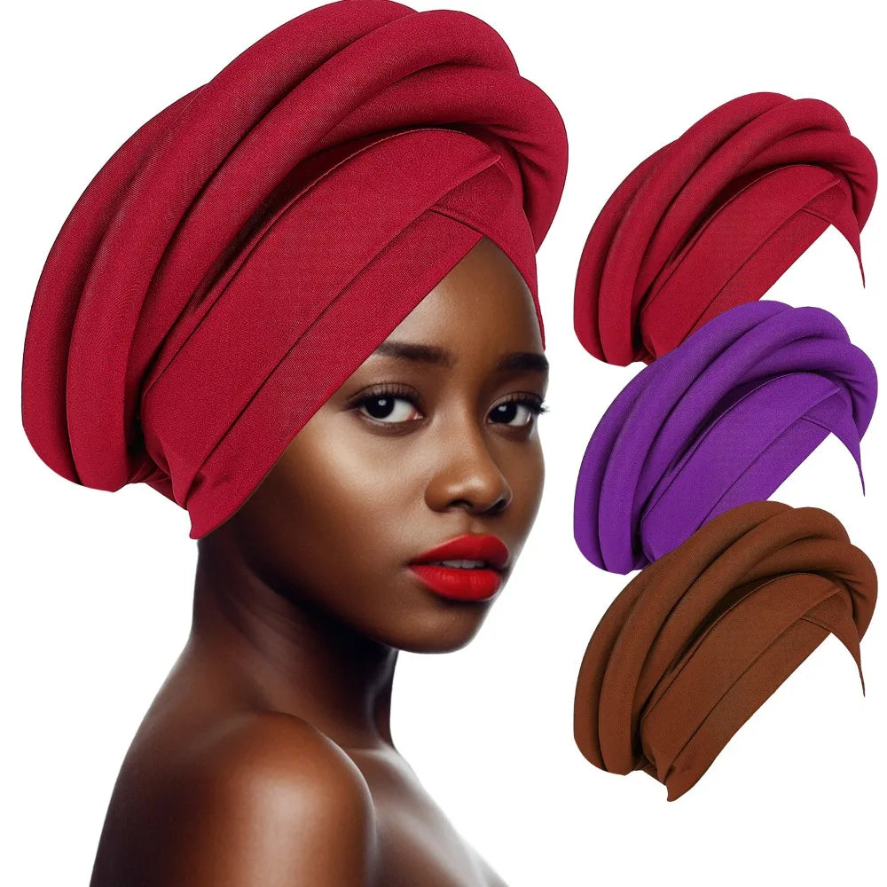Fashion Raw Silk African Women Turban Wrap Twisted Braid Headwear Turban Cap Elastic Breathable Head Wraps African Lady