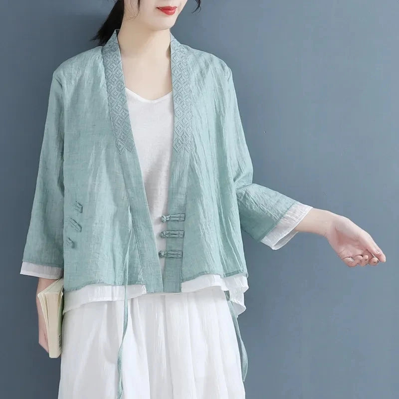 Ethnic Styly Women Tops New Summer Slanted Lapel Three-quarter Sleeve Shirts Vintage Lace V-Neck Loose Cotton Linen Shirt Blouse