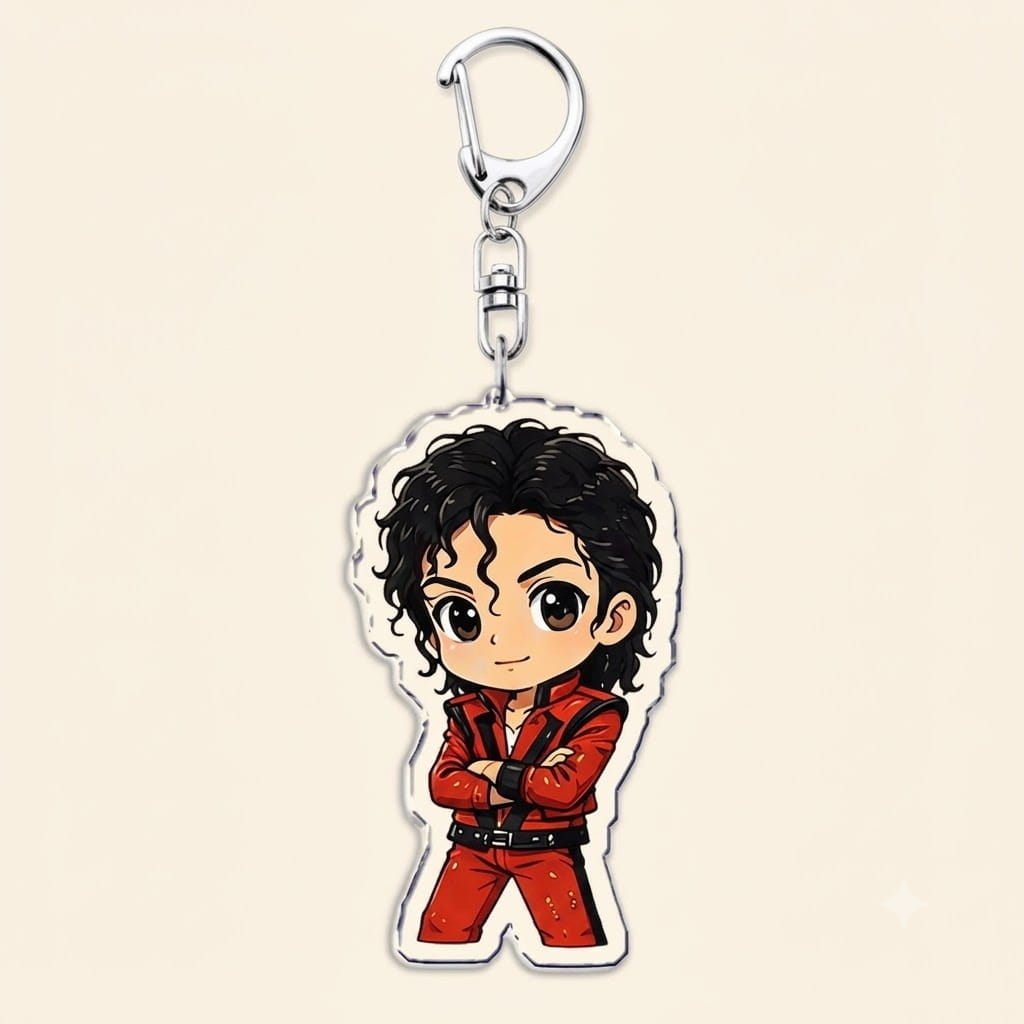 Michael Jackson chibi acrylic keychain featuring a cartoon depiction of Michael Jackson in his iconic red jumpsuit with black belt and cuffs.