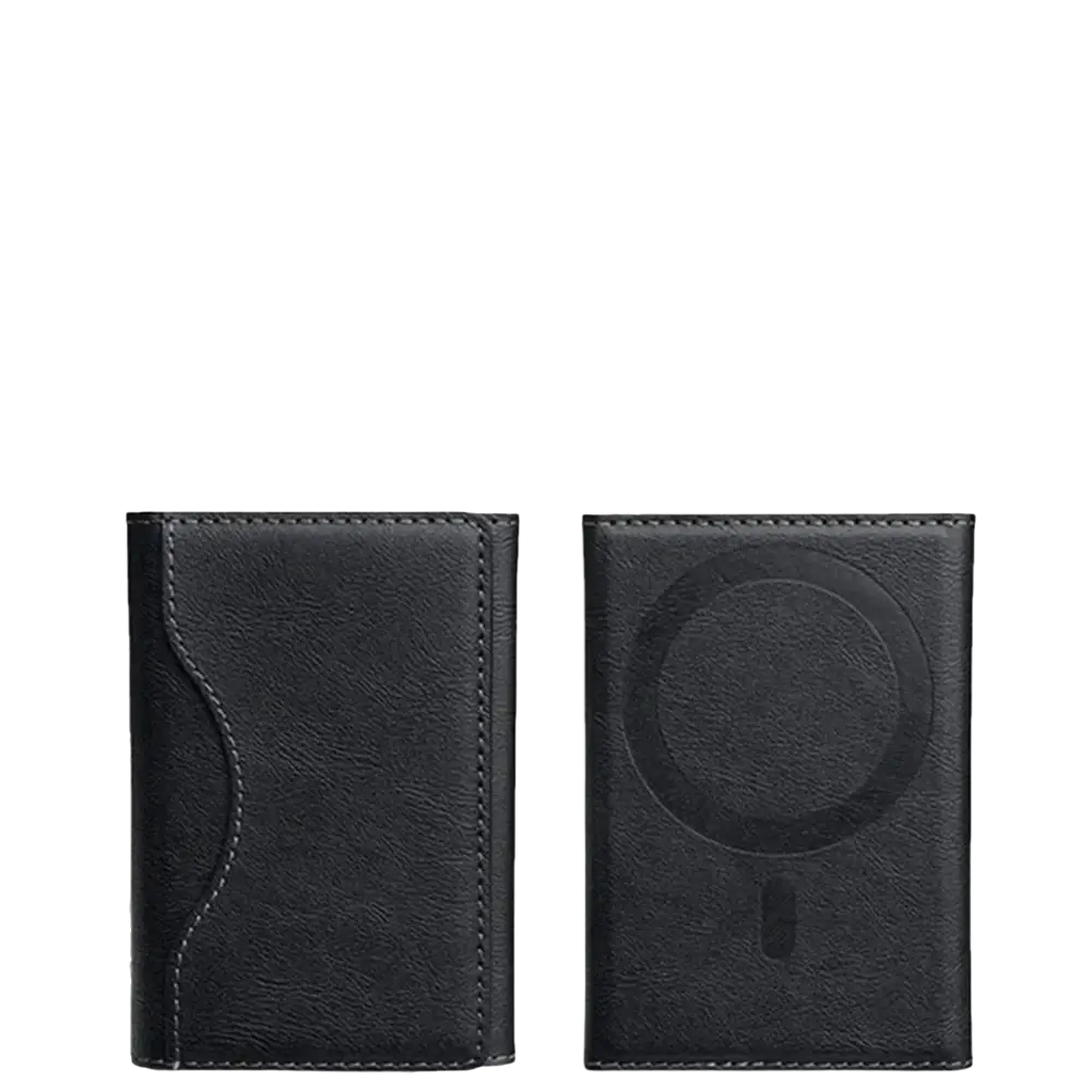 Black leather-textured magnetic trifold card wallet with a circular magsafe charging pad on the back