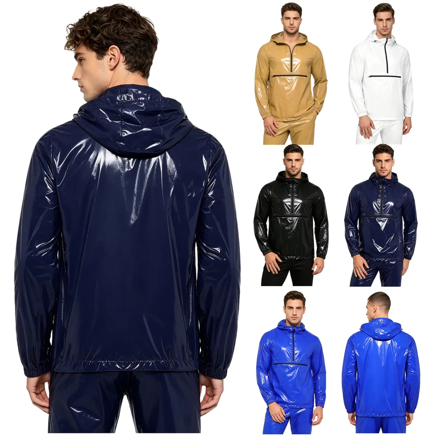 Men waterproof hooded windbreaker jacket and matching pants set in navy blue glossy material designed for weather resistance.