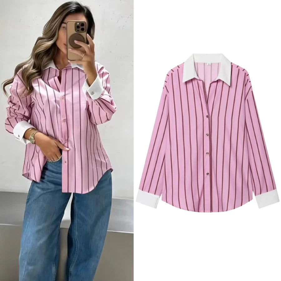 Women Blouses Tops Spring New Fashion Color Blocking Elegant Women's Shirts Tops Chic Street Single-breasted Tops