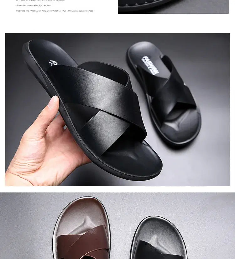 Herren-Echtleder-Slipper in Schwarz mit Kreuzriemen, glatter matter Oberfläche und geformtem Fußbett.